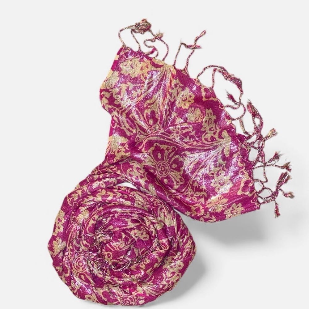 KARMA SCARF Shawl Wrap Fringe Paisley & Floral Pattern Pink and Beige 
74” x 23”